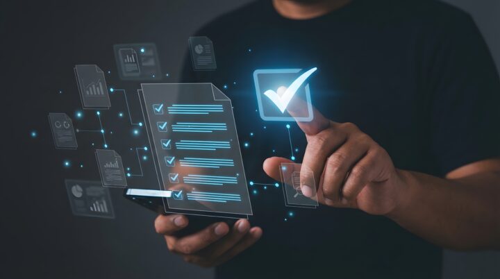 デジタルホログラフィック文書とやり取りするビジネスプロフェッショナルのクローズアップ